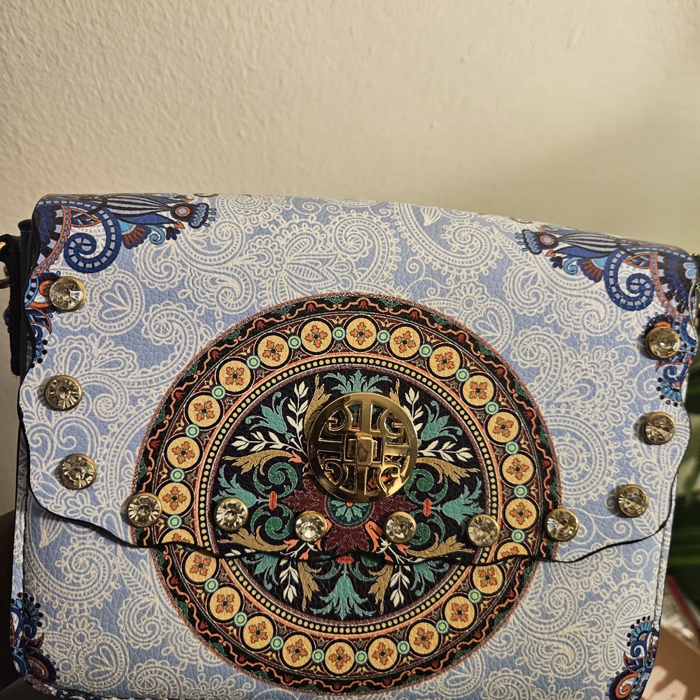 Miu Miu Blue and Gold Patterned Crossbody Bag